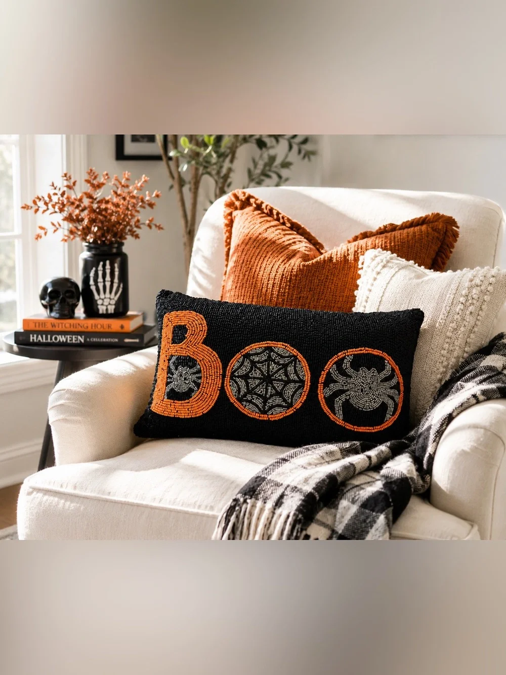 NWT WOWW Living Beaded “BOO” Spider Web Halloween Lumbar Pillow Black Orange